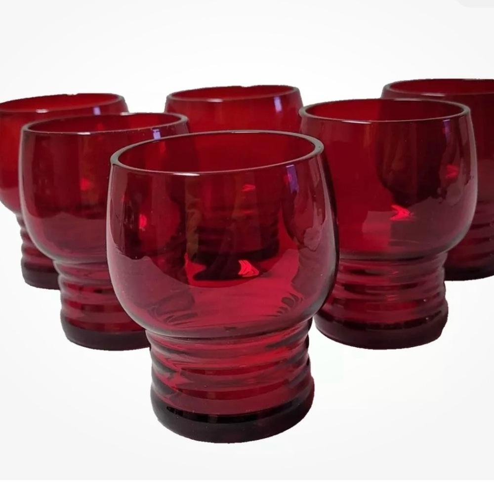 Set of 8 Ruby Red Imperial Glass Shaeffer 4 Oz. Juice Tumblers Glasses